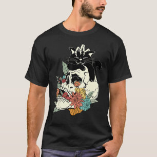Camiseta Caveira de Gato com Flores Vintage - Gráfico Retro
