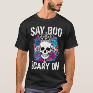 Camiseta Caveira de Halloween Diz Boo e Assustador em Flora