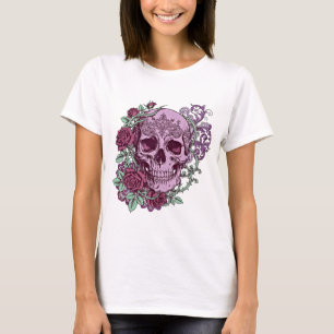 Camiseta Caveira de Lavanda com Design Gótico de Rosas