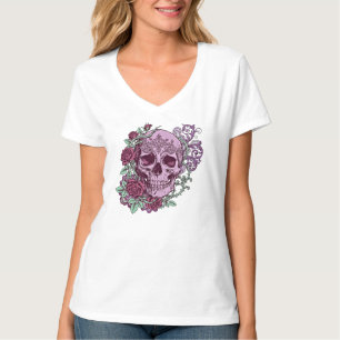 Camiseta Caveira de Lavanda com Design Gótico de Rosas