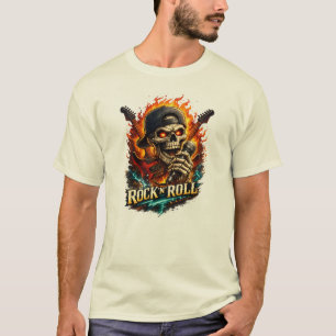 Camiseta Caveira de Rock And Roll Guitarra Fogo Música Vint