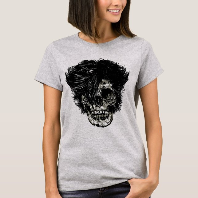 Camiseta Caveira de Rockstar com Cabelo Selvagem (Frente)