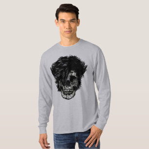 Camiseta Caveira de Rockstar com Cabelo Selvagem