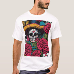 Camiseta Caveira Decorativa com Sombrero e Rosas