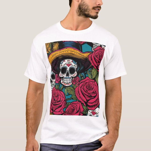 Camiseta Caveira Decorativa com Sombrero e Rosas (Frente)