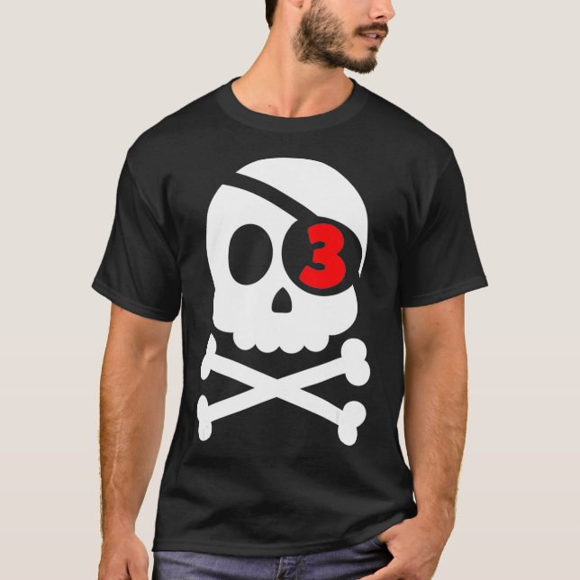 Camiseta Caveira e Crossbones Pirata aniversário de 3 anos  (Frente)