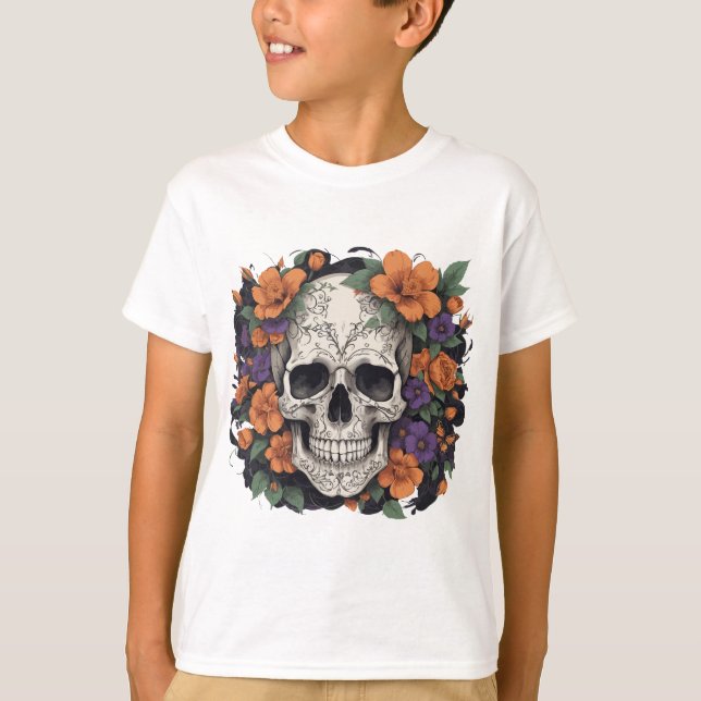 Camiseta Caveira e Flores - Fusão Crônica Floral (Frente)