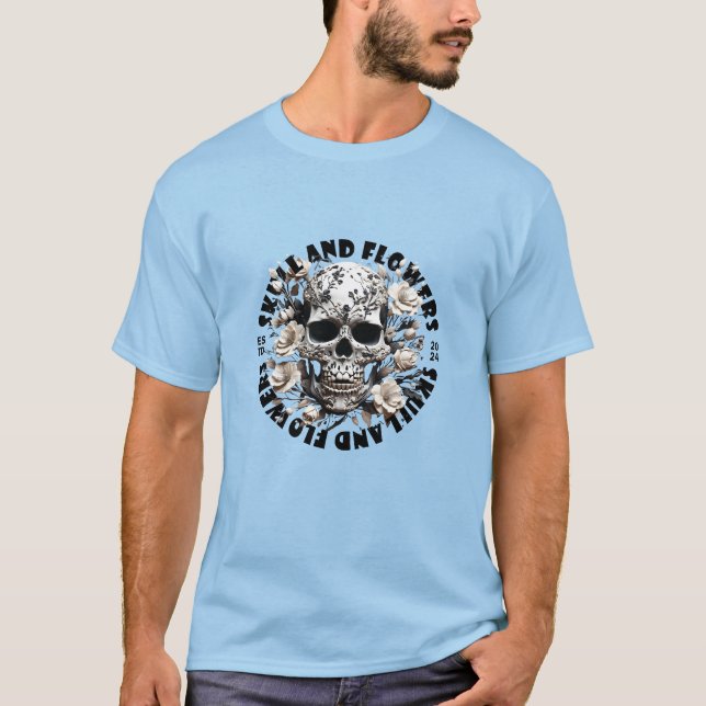 Camiseta Caveira e Flores, T-shirt masculina, Skeleton (Frente)