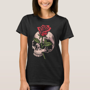 Camiseta Caveira e Rosa Vermelha Gótico Oculto Tatuagem Emo