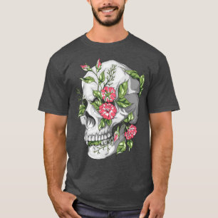 Camiseta Caveira e Rosas Cabeça de Esqueleto Gótica e Hallo