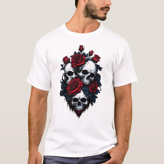 Camiseta Caveira e Rosas: Design Floral Gótico (Frente)