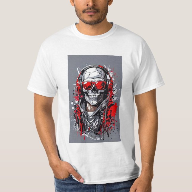 Camiseta Caveira Edgy com Fones de ouvido e Acentos Vermelh (Frente)