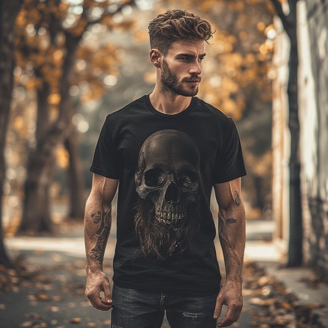 Camiseta Caveira Escura com Arte Barba | Símbolo da Mortali (Criador carregado)