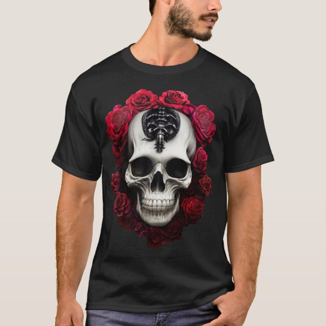 Camiseta Caveira escura e gótica e T-Shirt Rosa (Frente)
