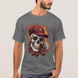Camiseta Caveira Flamejante com Royal Flush e Dados