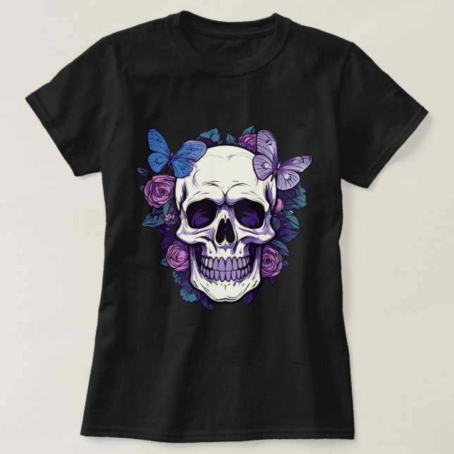 Camiseta Caveira Floral e Borboleta (Frente do Design)