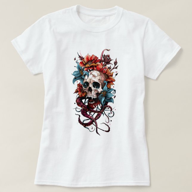 Camiseta Caveira Floral e Octopus (Frente do Design)