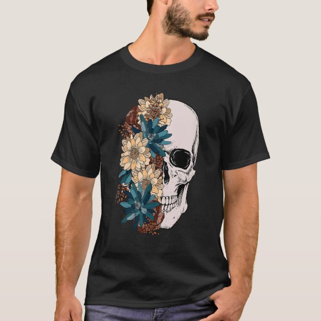 Camiseta Caveira Floral Negra Névoa Névoa Névoa Skeleto (Frente)
