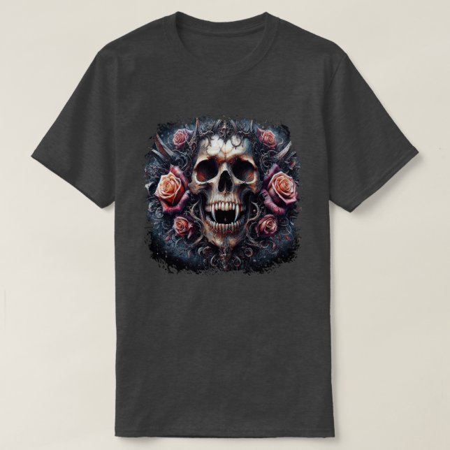 Camiseta Caveira Gótica Adornada com Rosas (Frente do Design)