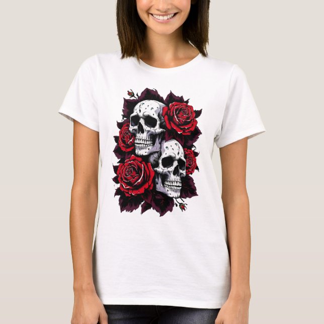 Camiseta Caveira Gótica e Motif Rosa (Frente)