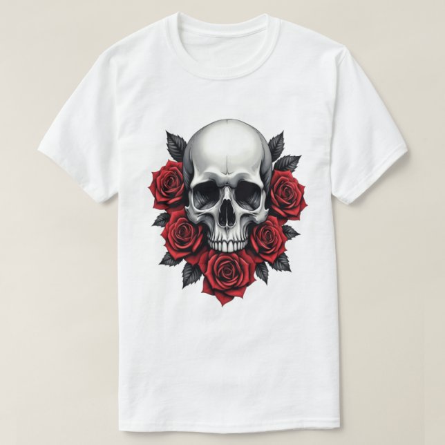 Camiseta Caveira Gótica e Rosas vermelhas Escuro (Frente do Design)