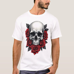Camiseta Caveira Gótica e Rosas vermelhas Escuro