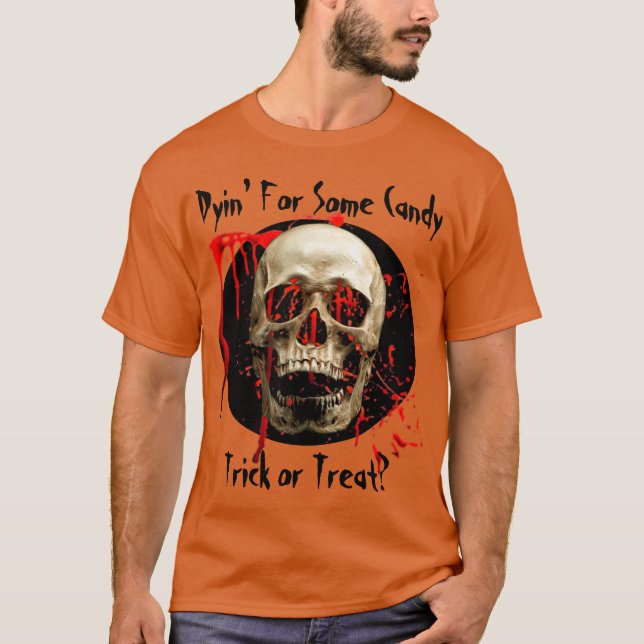 Camiseta Caveira Laranja Rindo Halloween Sangrento (Frente)