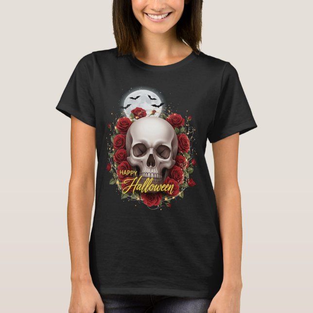 Camiseta Caveira Romântica e Rosas Noite de Halloween (Frente)