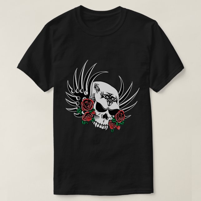 Camiseta Caveira Tribal com Rosas (Frente do Design)