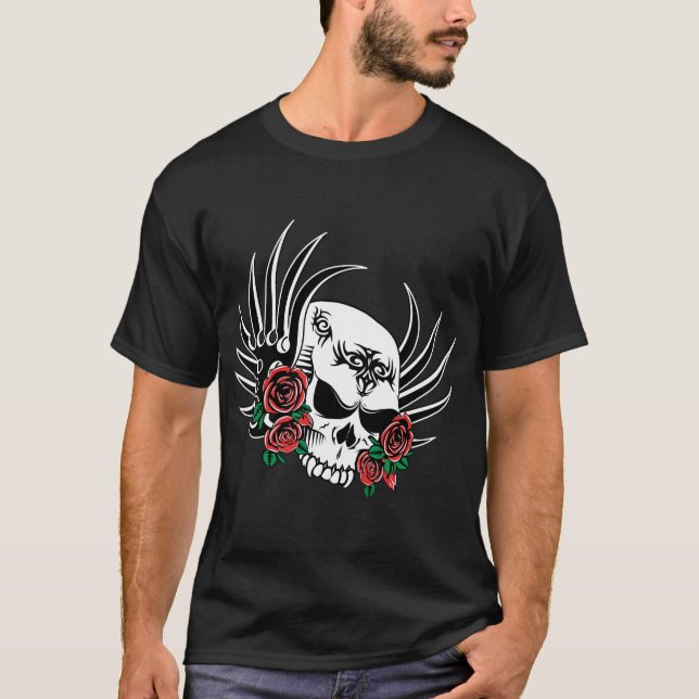 Camiseta Caveira Tribal com Rosas (Frente)