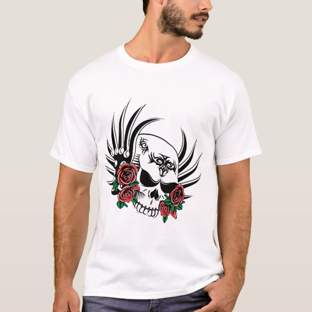 Camiseta Caveira Tribal com Rosas (Frente)
