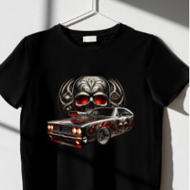 Camiseta Caveira vermelha assustadora com camisa-T de carro