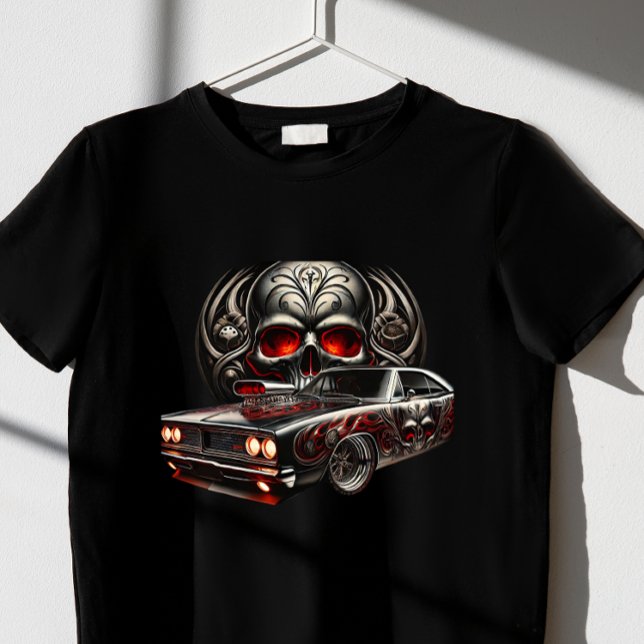 Camiseta Caveira vermelha assustadora com camisa-T de carro (Criador carregado)