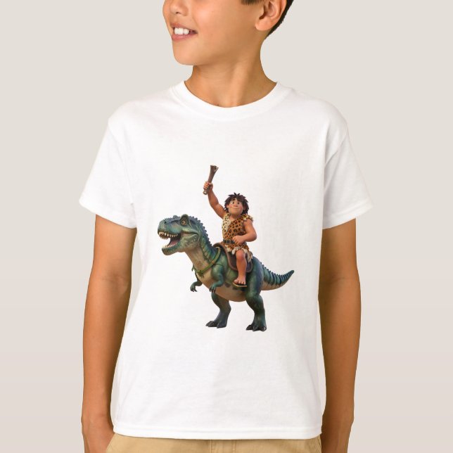 Camiseta Caveman Riding Dinosaur Cartoon Image (Frente)