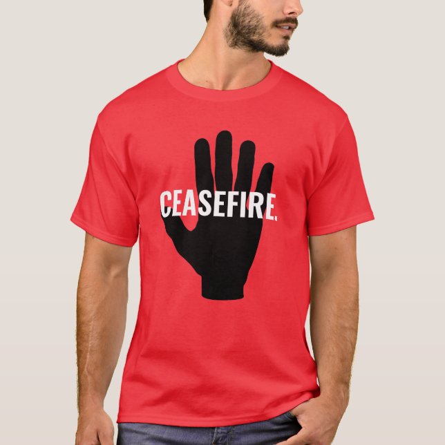 Camiseta Ceasefire vermelho branco preto negrito texto pers (Frente)