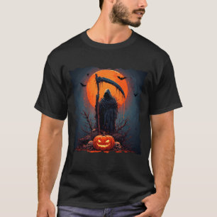 Camiseta Ceifador com Abóbora de Halloween e Lua Cheia