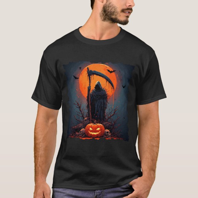 Camiseta Ceifador com Abóbora de Halloween e Lua Cheia (Frente)