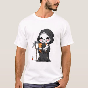 Camiseta Ceifador Fofo Segurando Três Gatos Cartoon