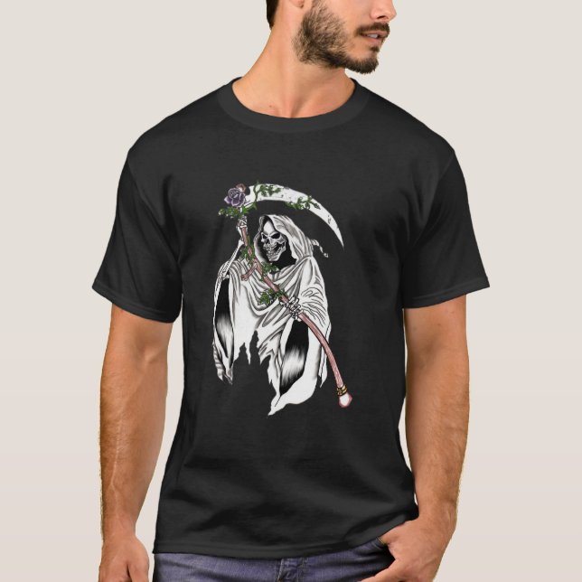 Camiseta Ceifador Gótico com Rosa Roxa (Frente)