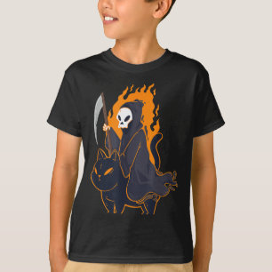 Camiseta Ceifador Montado em Gato Preto Assustador Hallowee