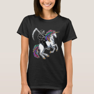 Camiseta Ceifador Montando Arco-íris de Esqueleto Unicórnio