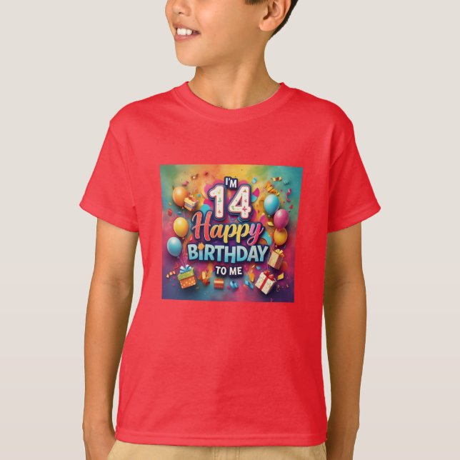 Camiseta Celebração de Aniversário com 14 Radiante (Frente)