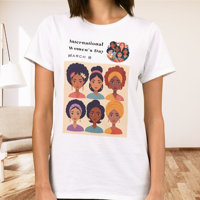 Camiseta Celebração do Dia Internacional da Mulher 8 de Mar (A cool t-shirt for celebrating International Women's Day on 8th March, with illustration of women)