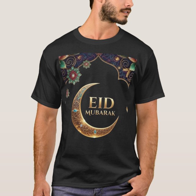 Camiseta Celebração do Eid Al Adha Lua Estrelas Douradas (Frente)