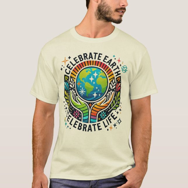Camiseta Celebrar a Terra, celebrar a Vida Básica dos Homen (Frente)