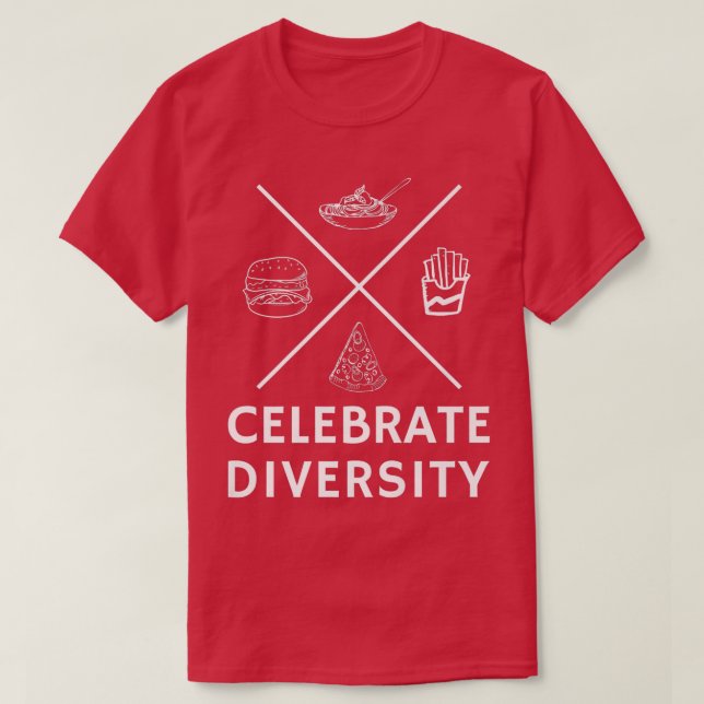Camiseta Celebrar Diversidade Pasta Hamburger e Frie (Frente do Design)