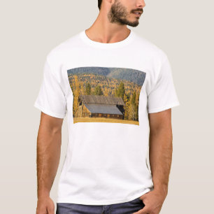 Camiseta Celeiro de madeira antigo com tamaracks de outono 