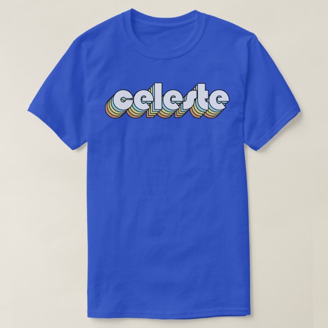 Camiseta Celeste Retro Tipografia Arco-Íris Estilo Desvanec (Frente do Design)