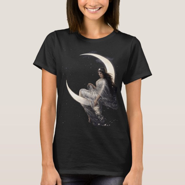 Camiseta Celestial Art Nouveau Woman on Crescent Moon (Frente)
