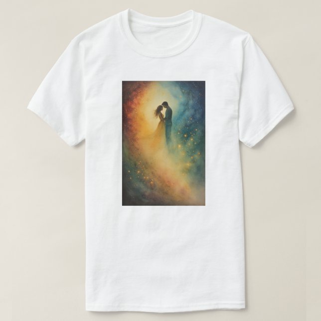 Camiseta Celestial Embrace Watercolor Art, Couple (Frente do Design)